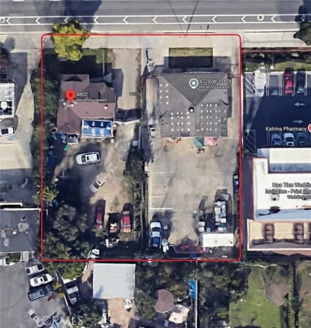 Aerial view outlining the parcel boundary, existing building, and rear paved parking at 4728 W 1st Street.